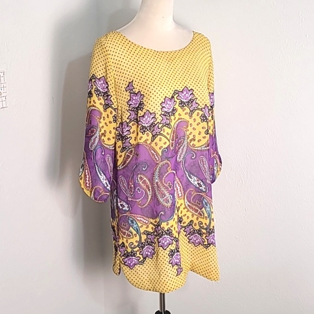 GLAM Yellow & Purple Paisley & Floral Mini-Dress, Size Medium